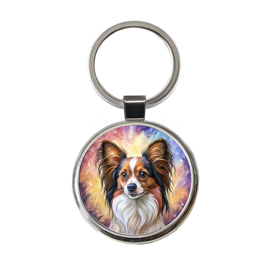 Papillion Dog Illustration Round Metal Keychain