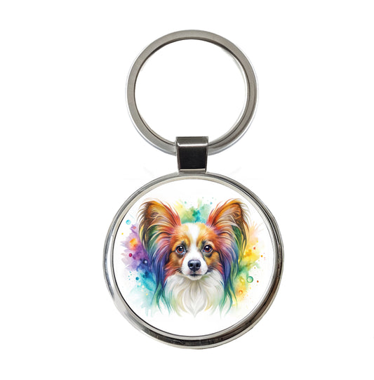 Papillion Dog Watercolor Style Round Metal Keychain