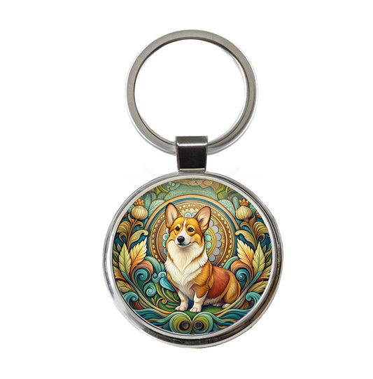 Pembroke Welsh Corgi Dog Art Nouveau Round Metal Keychain