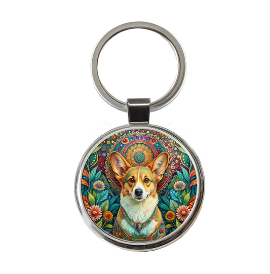 Pembroke Welsh Corgi Dog Bohemian Art Round Metal Keychain