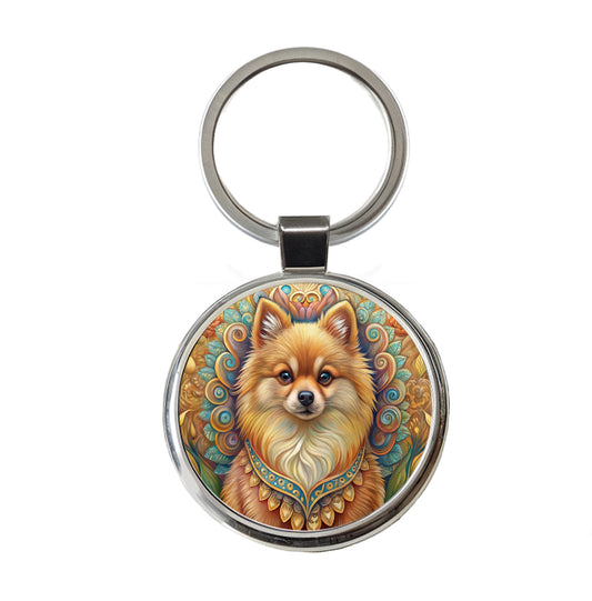 Pomeranian Dog Art Nouveau Round Metal Keychain