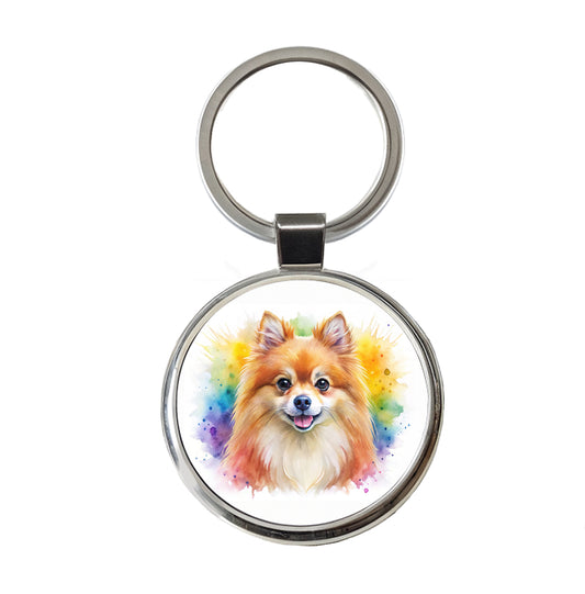 Pomeranian Dog Watercolor Style Round Metal Keychain