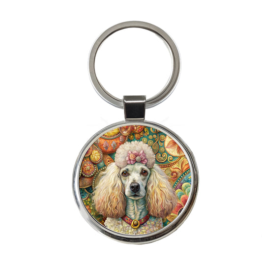 Poodle Dog French Bohemian Art Round Metal Keychain