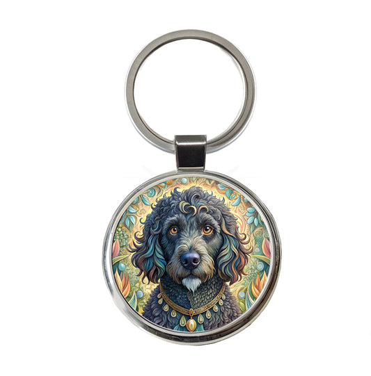 Portuguese Water Dog Art Nouveau Round Metal Keychain