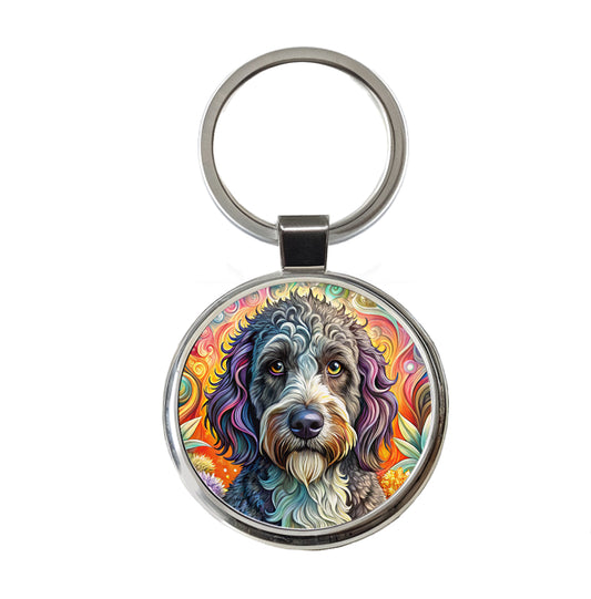 Portuguese Water Dog Bohemian Art Round Metal Keychain