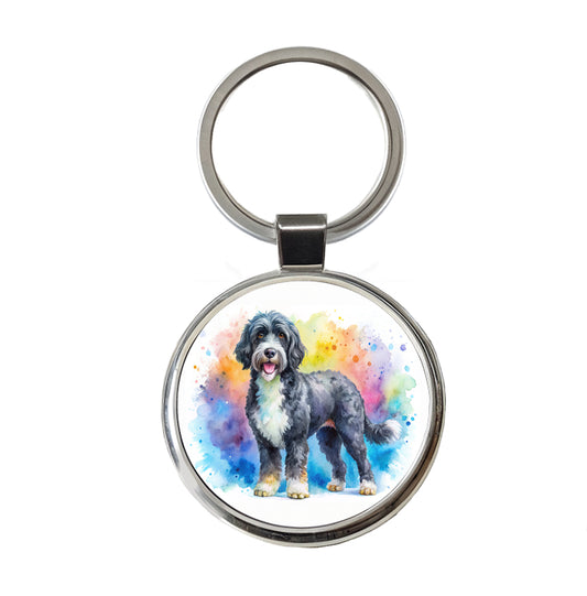 Portuguese Water Dog Watercolor Style Round Metal Keychain