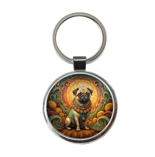 Pug Dog Art Nouveau Round Metal Keychain