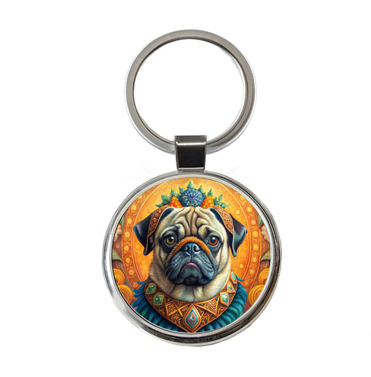 Pug Dog Bohemian Art Round Metal Keychain