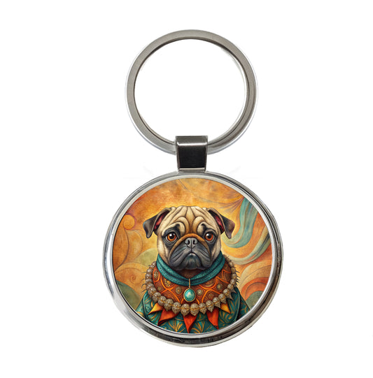 Pug Dog French Bohemian Art Round Metal Keychain