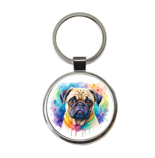 Pug Dog Watercolor Style Round Metal Keychain