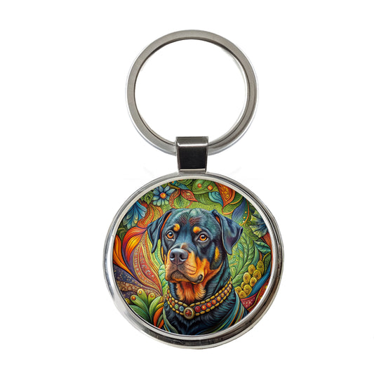 Rottweiler Dog Bohemian Art Round Metal Keychain
