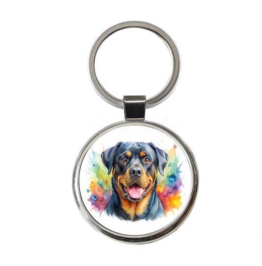 Rottweiler Dog Watercolor Style Round Metal Keychain