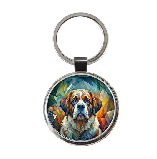 Saint Bernard Dog Abstract Stylized Art Round Metal Keychain