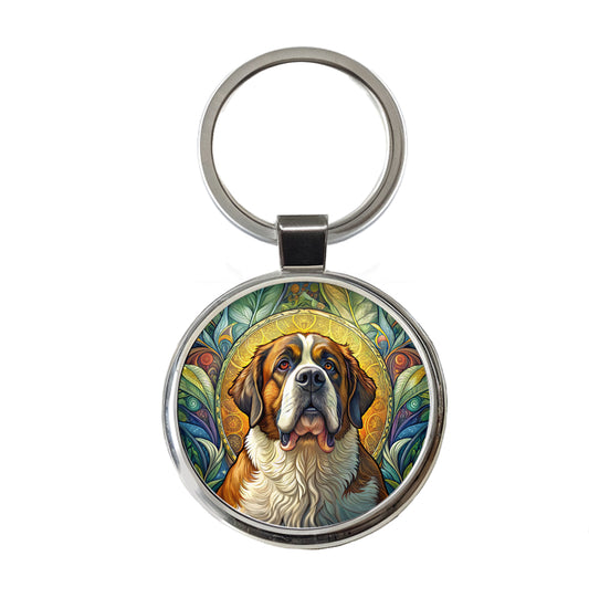 Saint Bernard Dog Art Nouveau Round Metal Keychain