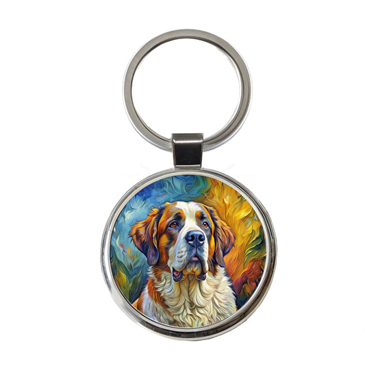 Saint Bernard Dog Expressionism Art Round Metal Keychain