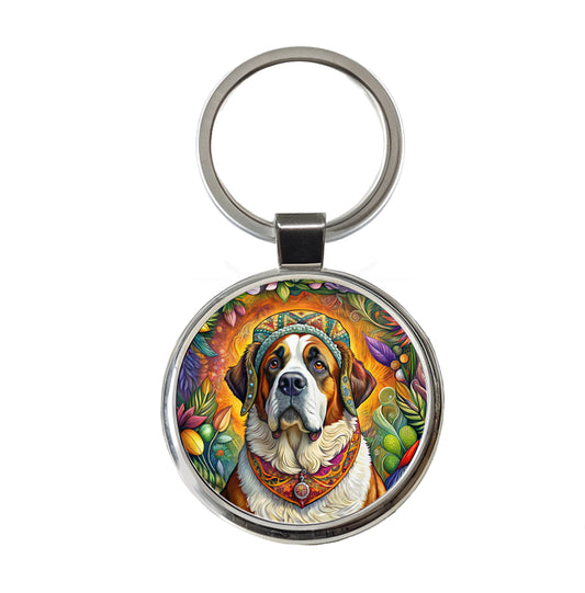 Saint Bernard Dog French Bohemian Art Round Metal Keychain