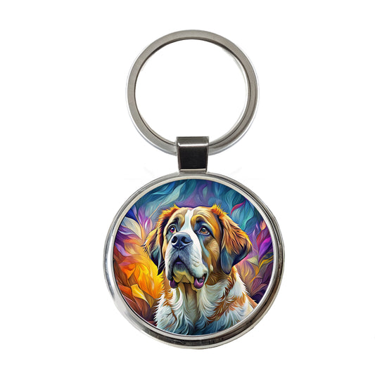 Saint Bernard Dog Pop Art Round Metal Keychain