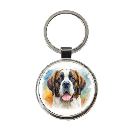 Saint Bernard Dog Watercolor Style Round Metal Keychain