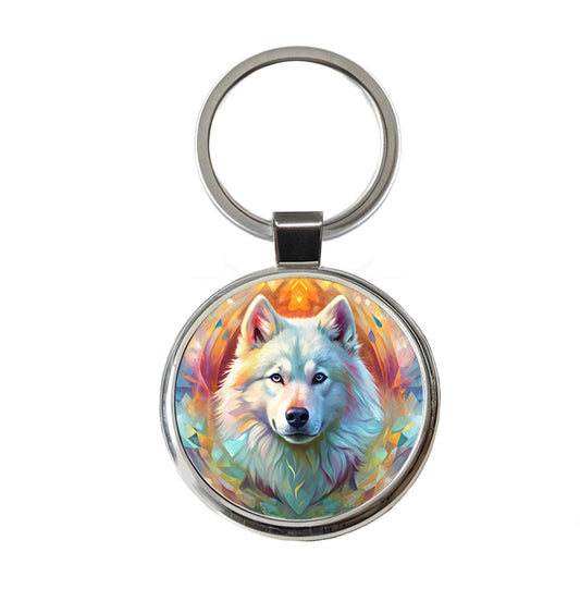 Samoyed Dog Abstract Art Round Metal Keychain