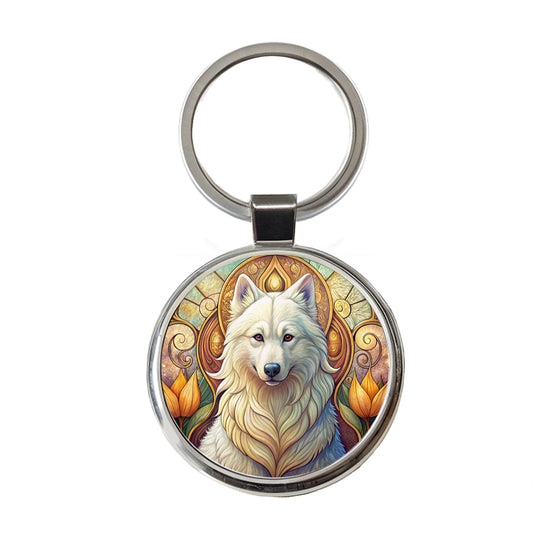 Samoyed Dog Art Nouveau Round Metal Keychain