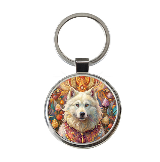 Samoyed Dog French Bohemian Art Round Metal Keychain
