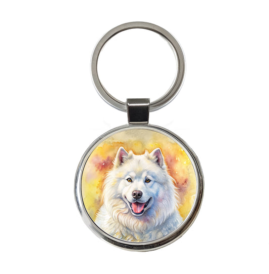 Samoyed Dog Illustration Round Metal Keychain