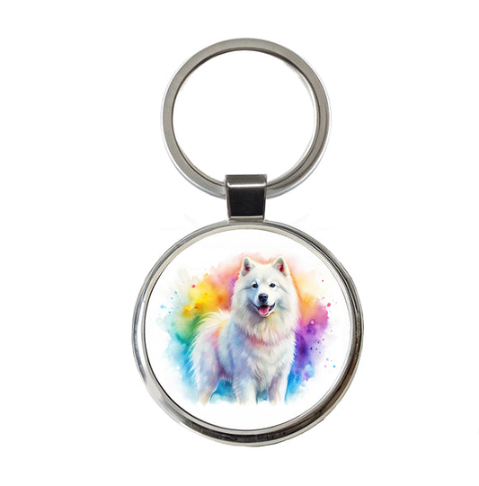 Samoyed Dog Watercolor Style Round Metal Keychain