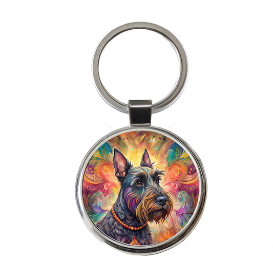 Scottish Terrier Dog Bohemian Art Round Metal Keychain