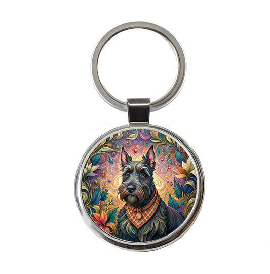 Scottish Terrier Dog French Bohemian Art Round Metal Keychain