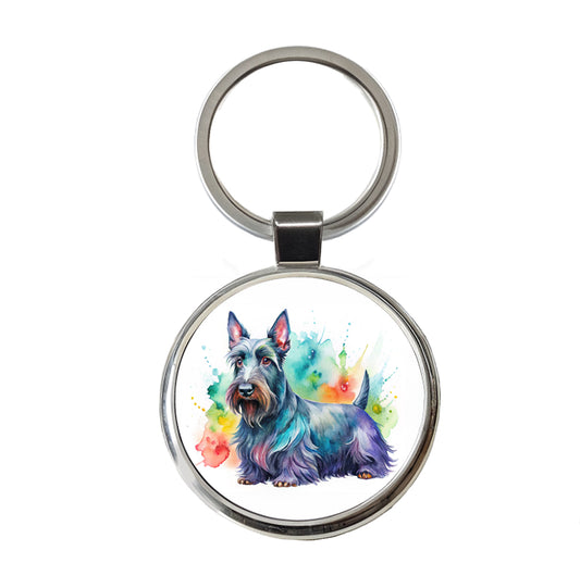 Scottish Terrier Dog Watercolor Style Round Metal Keychain