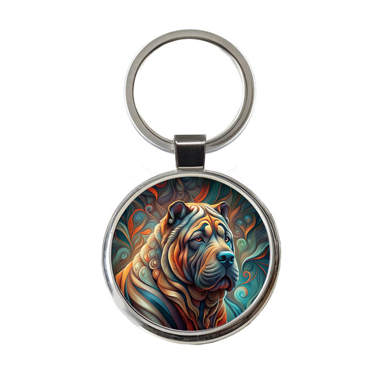 Shar Pei Dog Abstract Stylized Art Round Metal Keychain