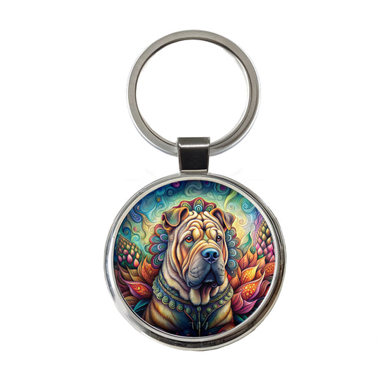 Shar Pei Dog Bohemian Art Round Metal Keychain