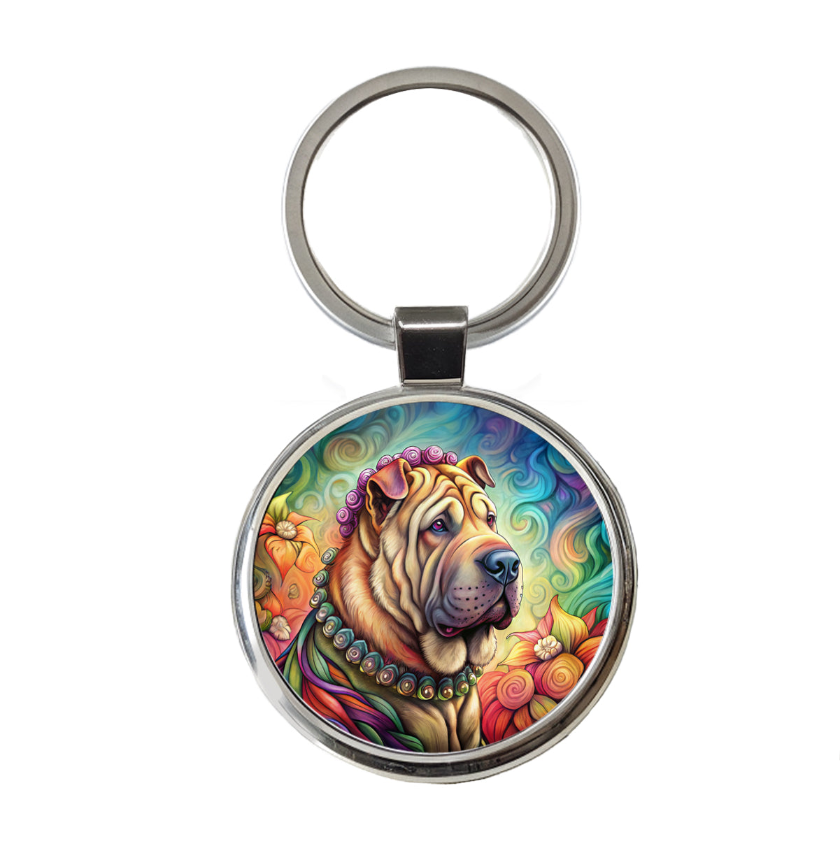 Shar Pei Dog French Bohemian Art Round Metal Keychain