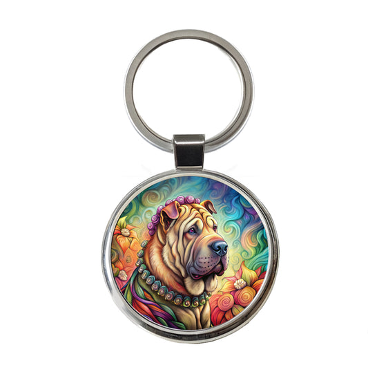 Shar Pei Dog French Bohemian Art Round Metal Keychain