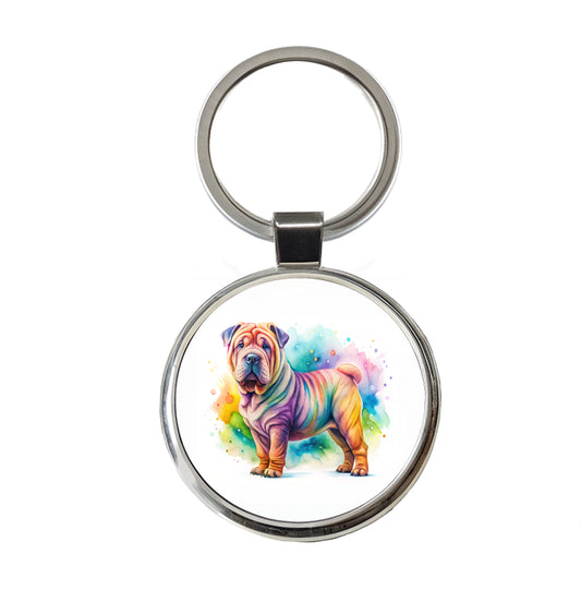 Shar Pei Dog Watercolor Style Round Metal Keychain