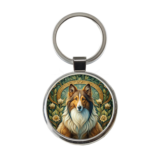Shetland Sheepdog Sheltie Dog Art Nouveau Round Metal Keychain