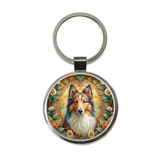 Shetland Sheepdog Sheltie Dog Bohemian Art Round Metal Keychain