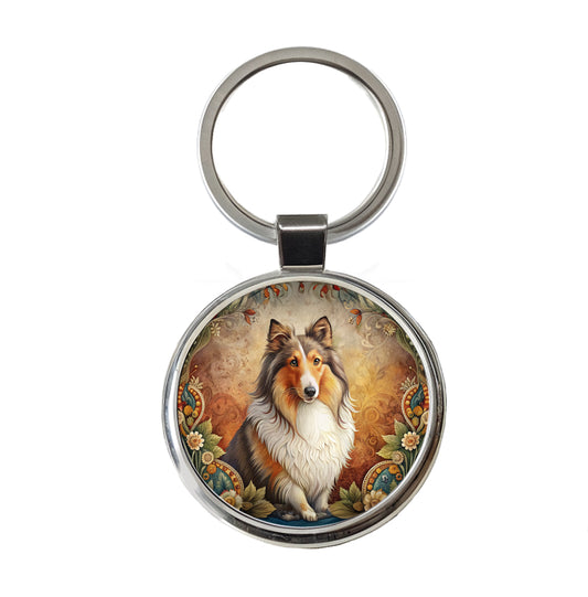 Shetland Sheepdog Sheltie Dog French Bohemian Art Round Metal Keychain