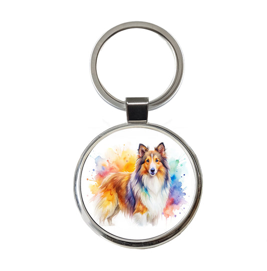 Shetland Sheepdog Sheltie Dog Watercolor Style Round Metal Keychain