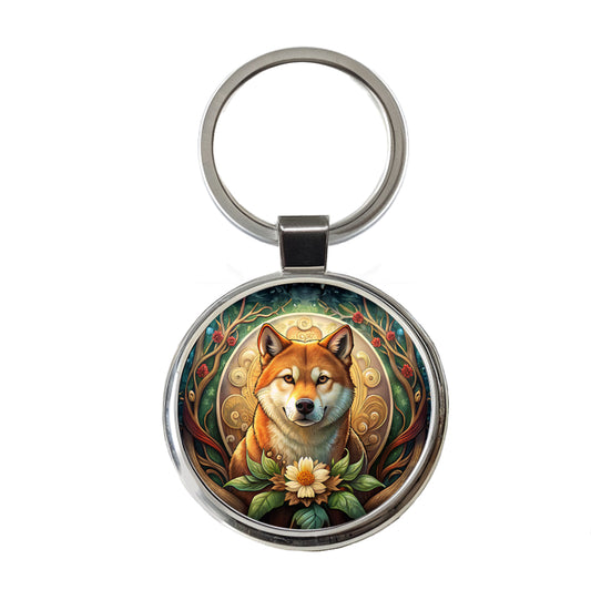 Shiba Inu Dog Art Nouveau Round Metal Keychain
