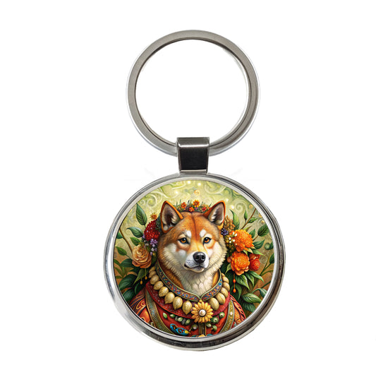 Shiba Inu Dog French Bohemian Art Round Metal Keychain