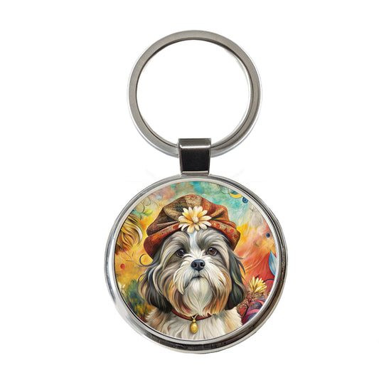 Shih Tzu Dog French Bohemian Art Round Metal Keychain