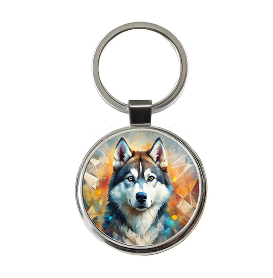 Siberian Husky Dog Abstract Art Round Metal Keychain