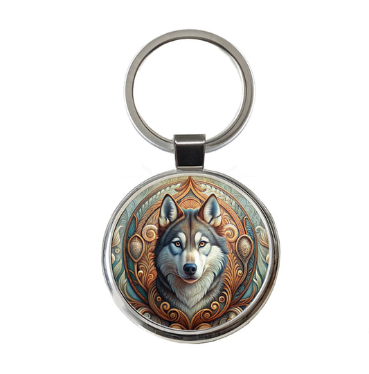 Siberian Husky Dog Art Nouveau Round Metal Keychain
