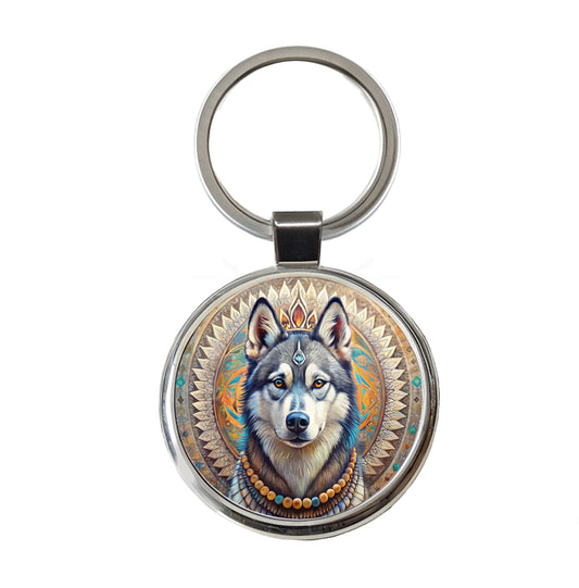 Siberian Husky Dog Bohemian Art Round Metal Keychain