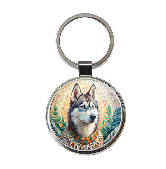 Siberian Husky Dog French Bohemian Art Round Metal Keychain