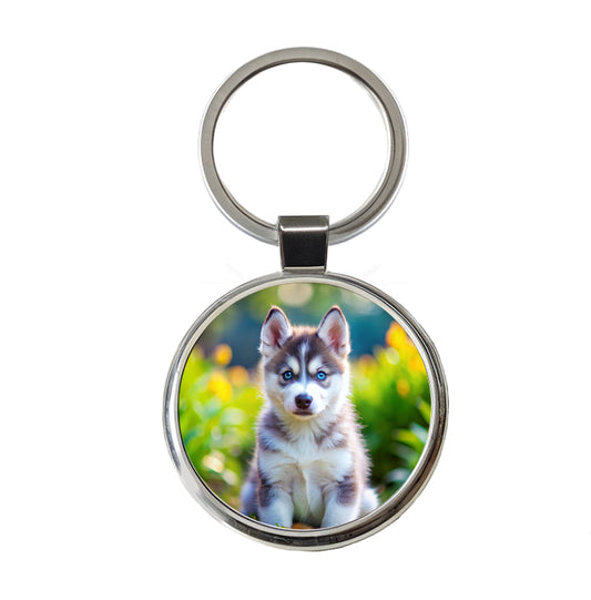 Siberian Husky Dog Puppy Photo Round Metal Keychain
