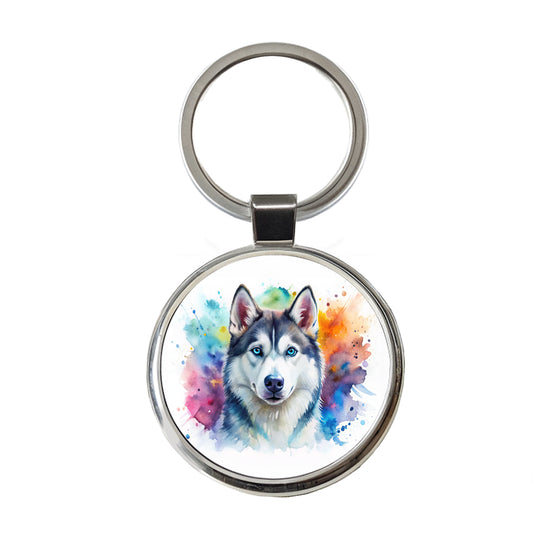 Siberian Husky Dog Watercolor Style Round Metal Keychain