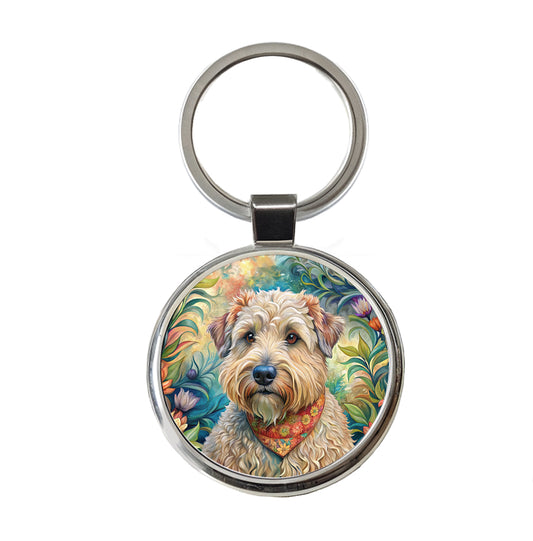 Soft Coated Wheaten Terrier Dog French Bohemian Art Round Metal Keychain