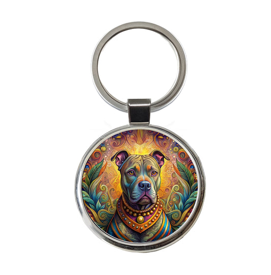 Staffordshire Bull Terrier Staffy Dog Bohemian Art Round Metal Keychain